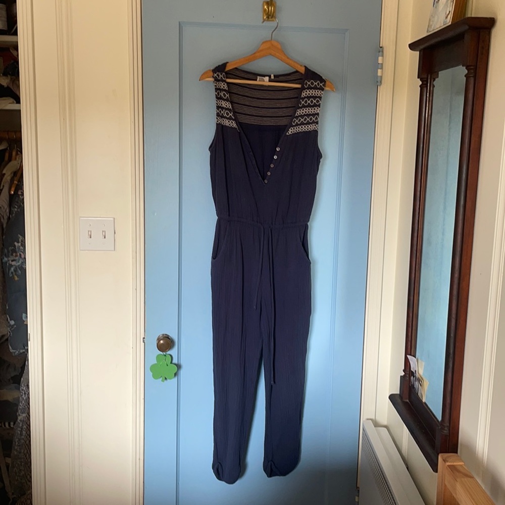 Anthropologie Blue Embroidered Jumpsuit M